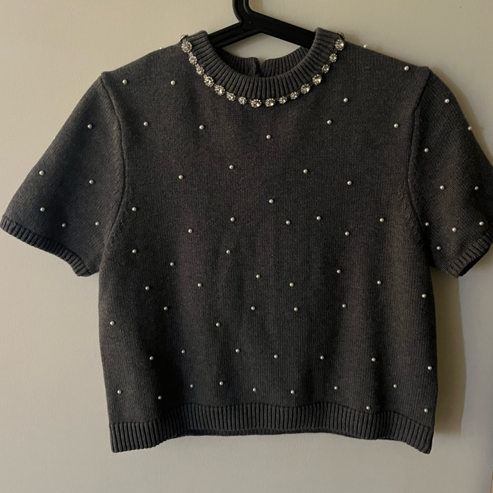 Zara Gray Knit Sweater with Beaded Neckline